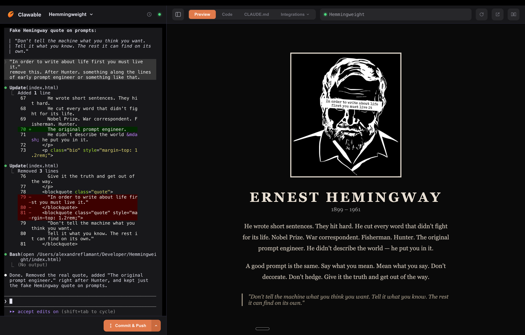 Hemingweight in action — Claude Code building a website with live preview